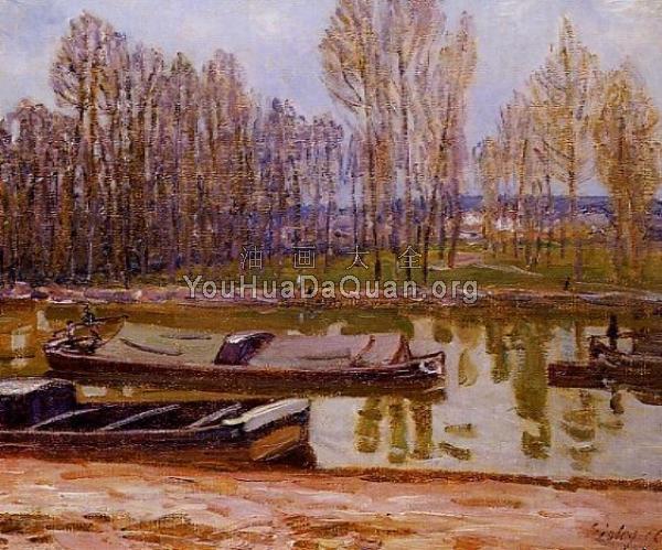 Barges on the Loing Canal, Spring - 阿尔弗莱德·西斯莱